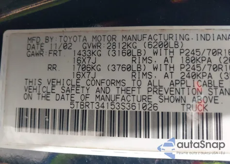 2003 Toyota Tundra Sr5 V8 из США, поврежденный, VIN 5TBRT34153S361026